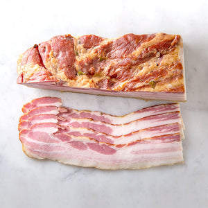 Bacon cured for 10 days and smoked.  Made without preservatives.  Sliced to order.  Berkshire pork sustainably raised on a family farm.  Delivered straight to your door from a LQBTQA+ run small business, Butcher Girls.