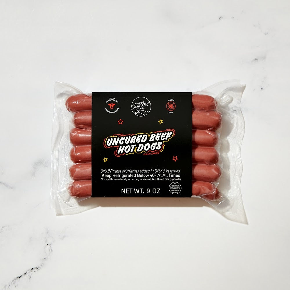 All natural all grass-fed beef hot dogs that are uncured. Free of the eight major allergens. From a Mom and Mom butcher shop, hand delivered to your door. 