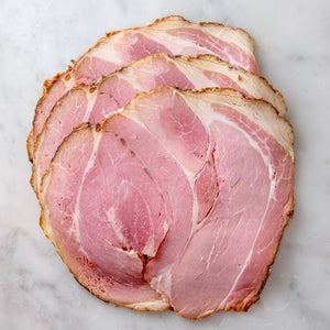 House brined and smoked ham, made from Berkshire pork ethically raised on a sustainable family farm in New York.  Thinly sliced fresh, without preservatives.  Delivered straight to your door from a small business, Butcher Girls.