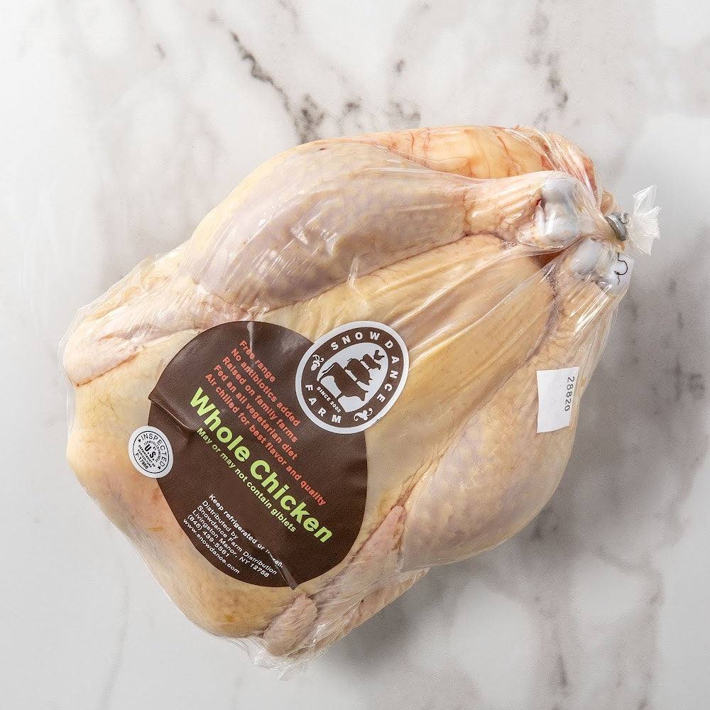 All Natural Heritage Pasture raised whole chicken from SnowDance Farm in Livingston Manor, New York. Bagged or vacuum sealed. From a Mom and Mom butcher shop, Butcher Girls, hand delivered to your door.  
