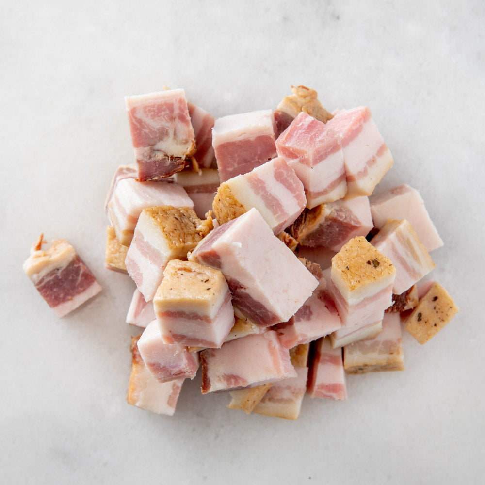 
            
                Load image into Gallery viewer, Freshly cut bacon lardons to add to any stew or sautée for extra flavor.  Sustainably raised pasture pork sourced locally.  Delivered straight to your door from a LGBTQA+ run small business, Butcher Girls.
            
        