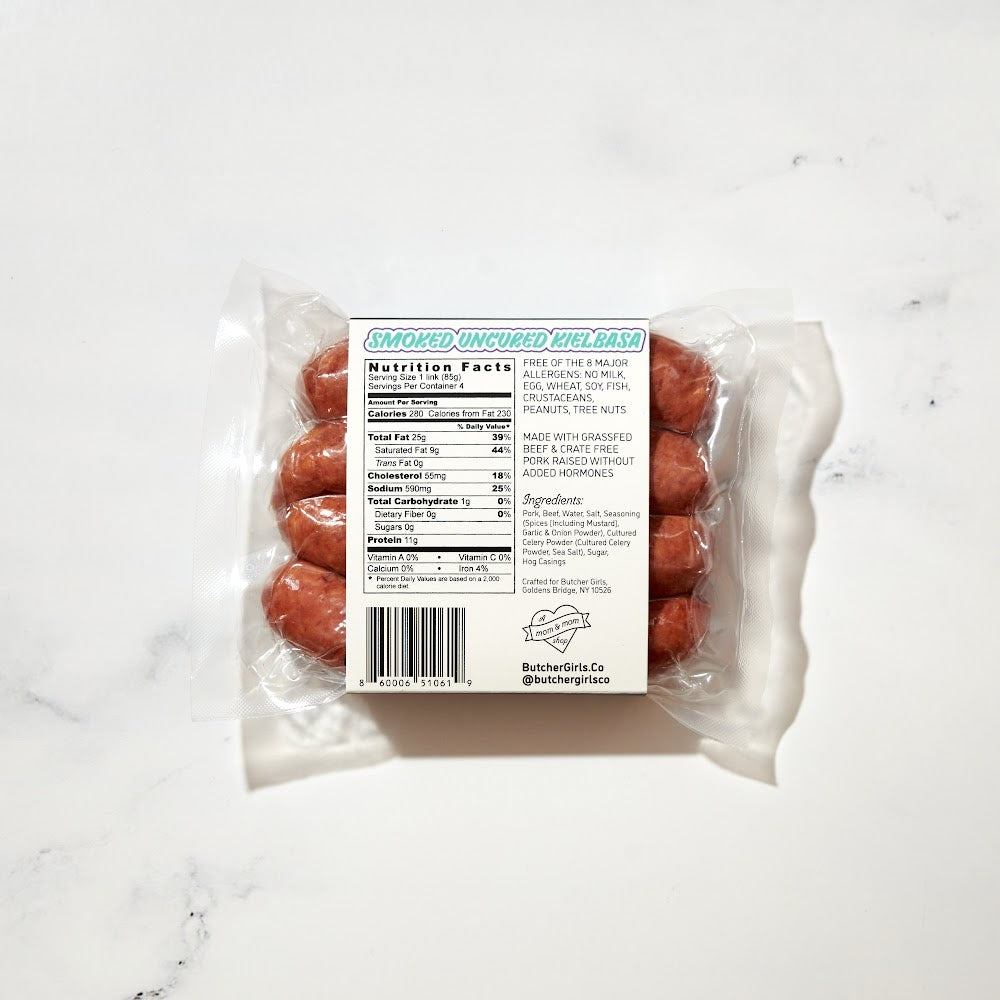 
            
                Load image into Gallery viewer, New York pastured heritage pork and grass-fed beef, smoked and uncured kielbasa links.  Hand delivered to your door from a Mom and Mom butcher shop, Butcher Girls.
            
        