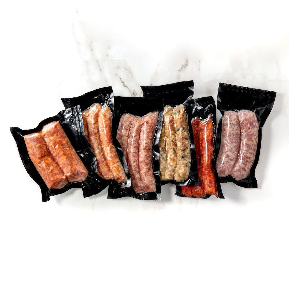 Subscription with five varieties of our hand made sausages using meat from small local farms. Hand delivered to your door from a Mom and Mom butcher shop, Butcher Girls.