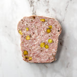 Local heritage pork and pistachio terrine, seasoned with black pepper, allspice, garlic, shallots, thyme and madeira. Hand delivered to your door from a Mom and Mom butcher shop, Butcher Girls.